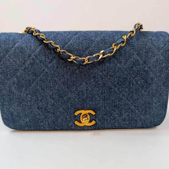 Chanel Vintage Classic Blue Denim Quilted Medium Full Flap Bag - Picture 1 of 16